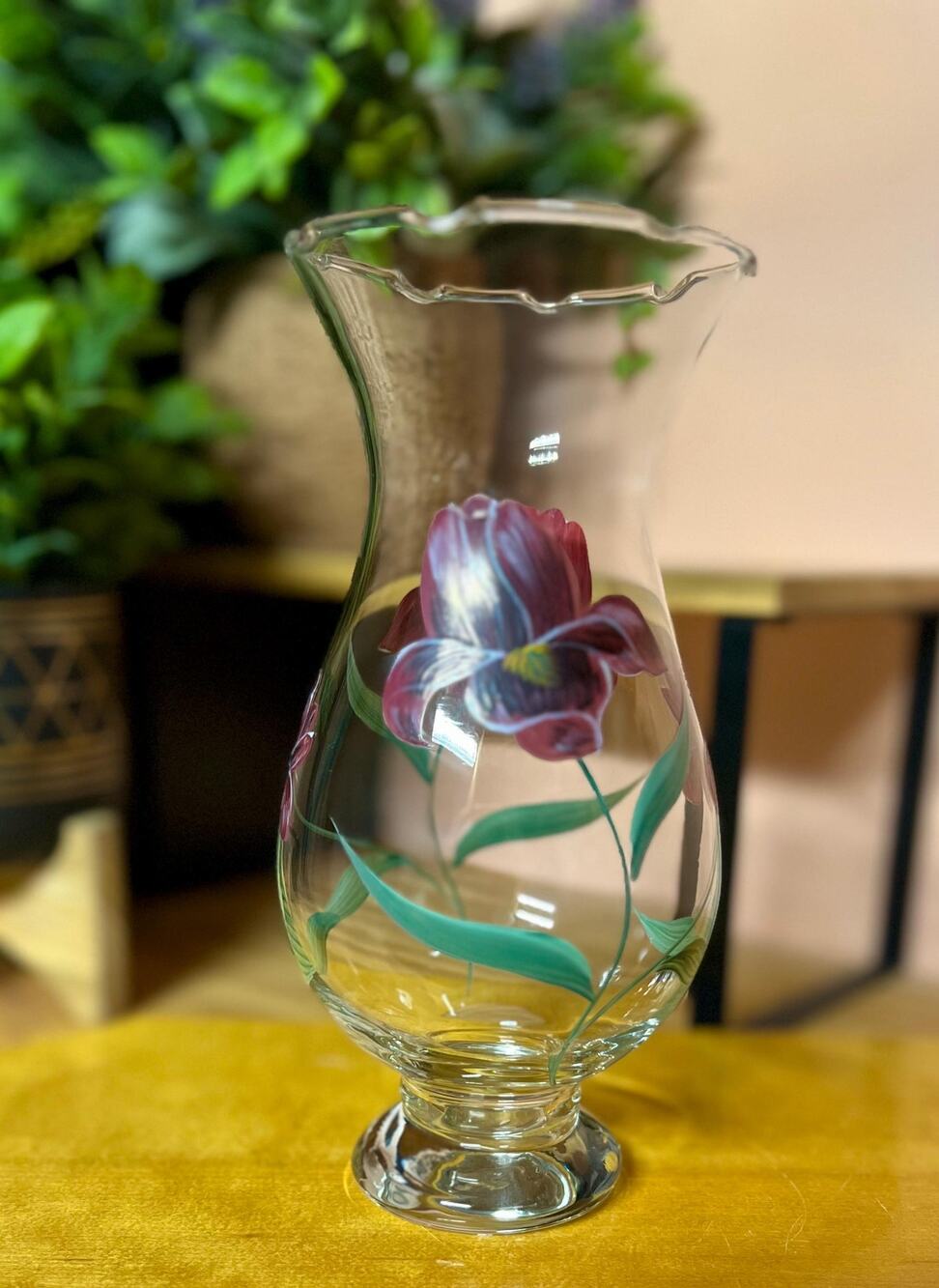 Vintage Hand-Painted Iris Glass Hurricane Vase – Ruffled Rim Pedestal Base